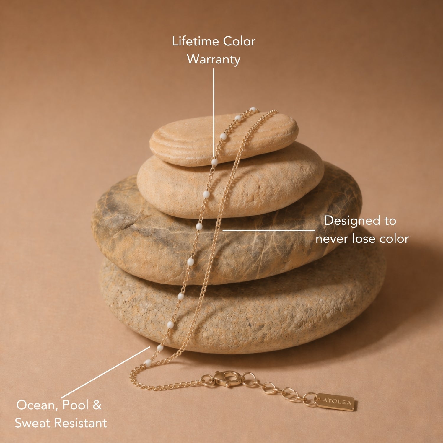 Double White Beaded 14k Gold Bracelet Flat Lay, Dainty Chain With White Beads, Waterproof Jewelry