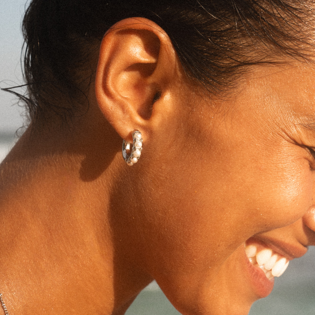 Silver Pearl Huggies Earrings