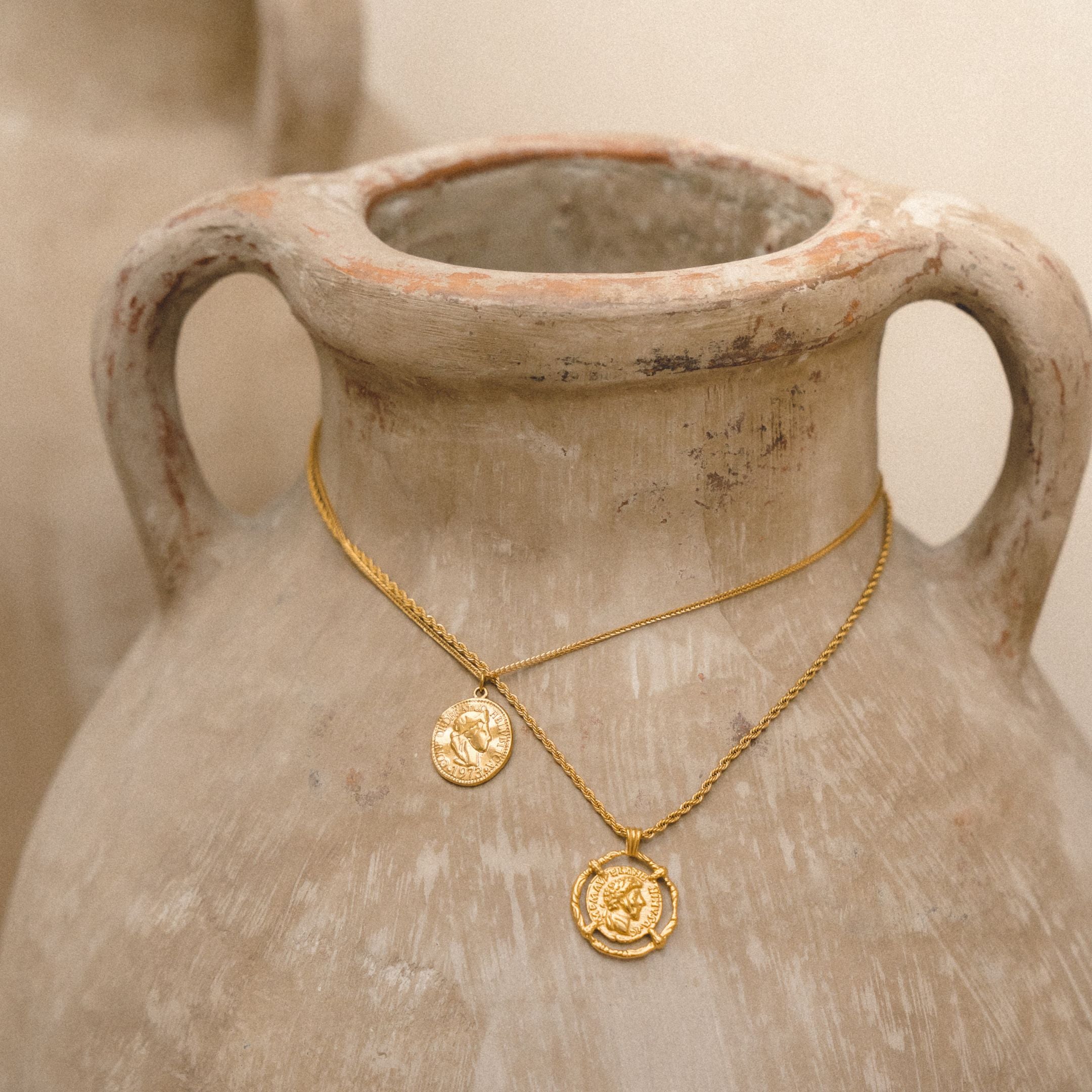 Ancient Coin Necklace Styled On Pottery