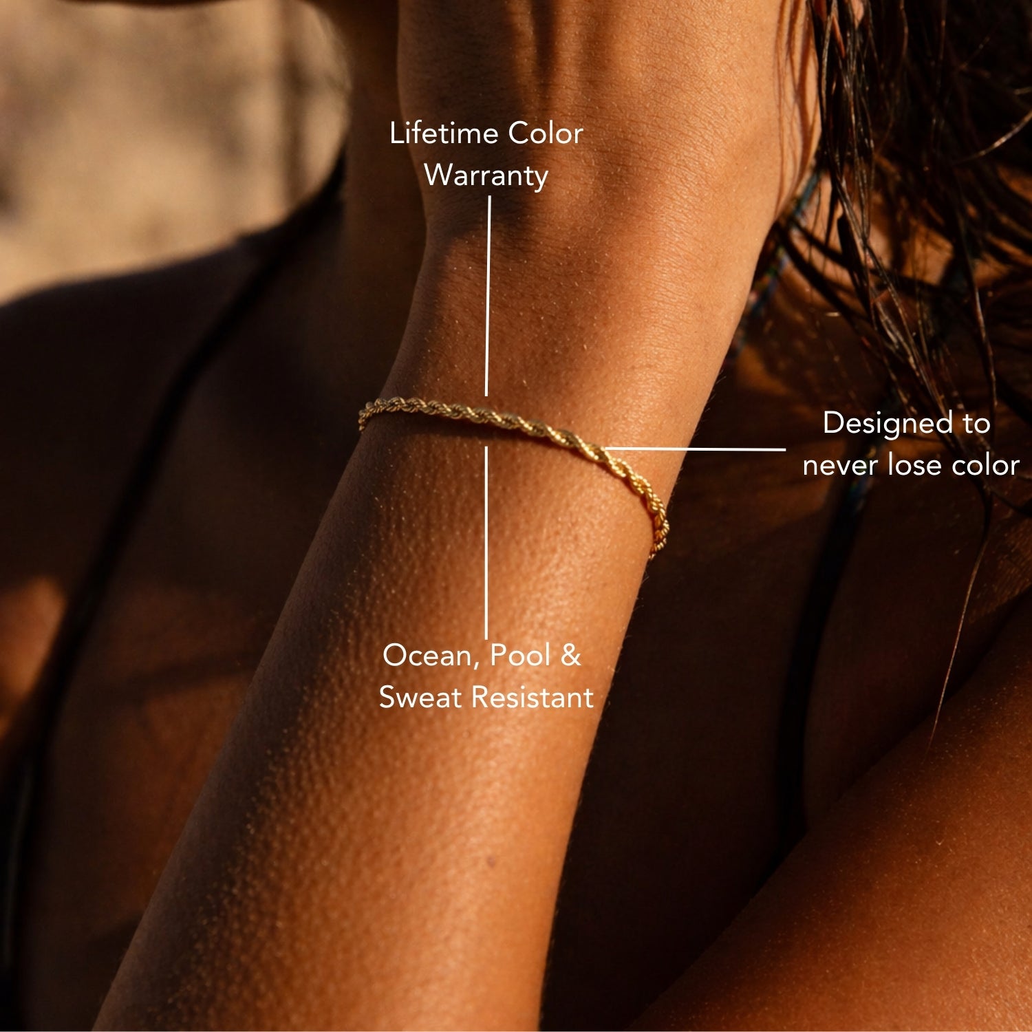 Calvi 14k Gold Rope Chain Bracelet Worn On Wrist, Twisted Chain Waterproof Tarnish-Resistant Jewelry