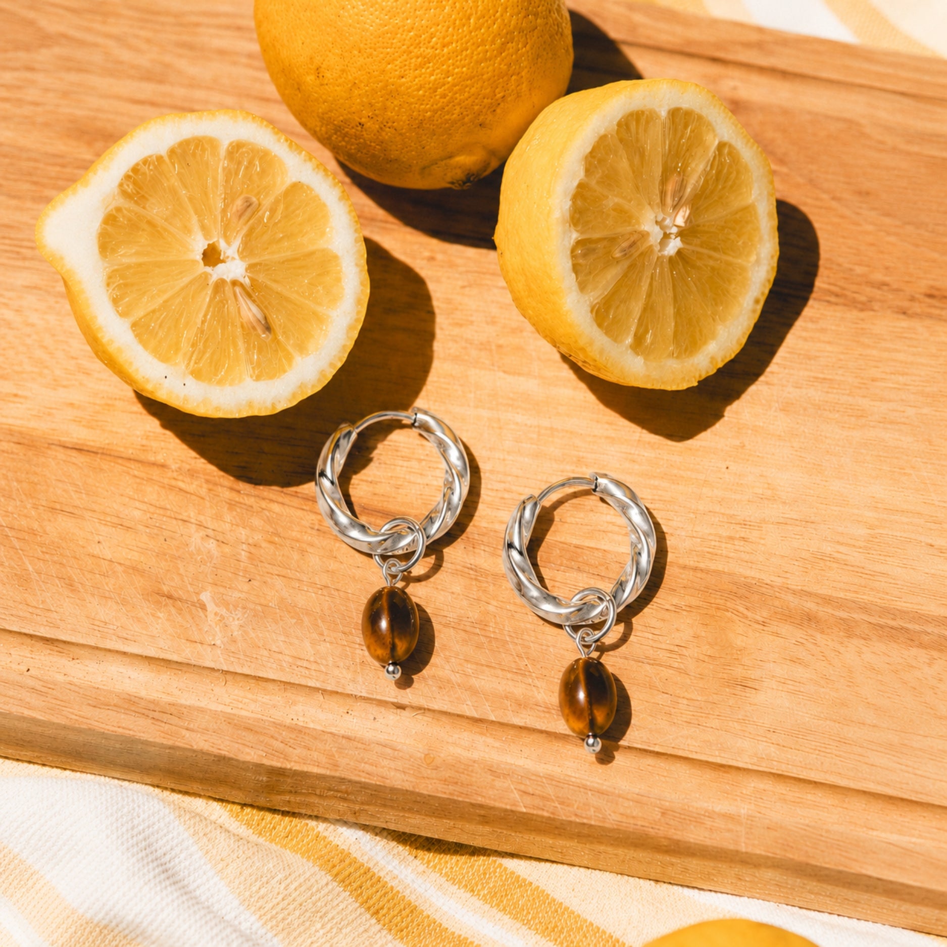 Silver Tiger Eye Hoops Earrings